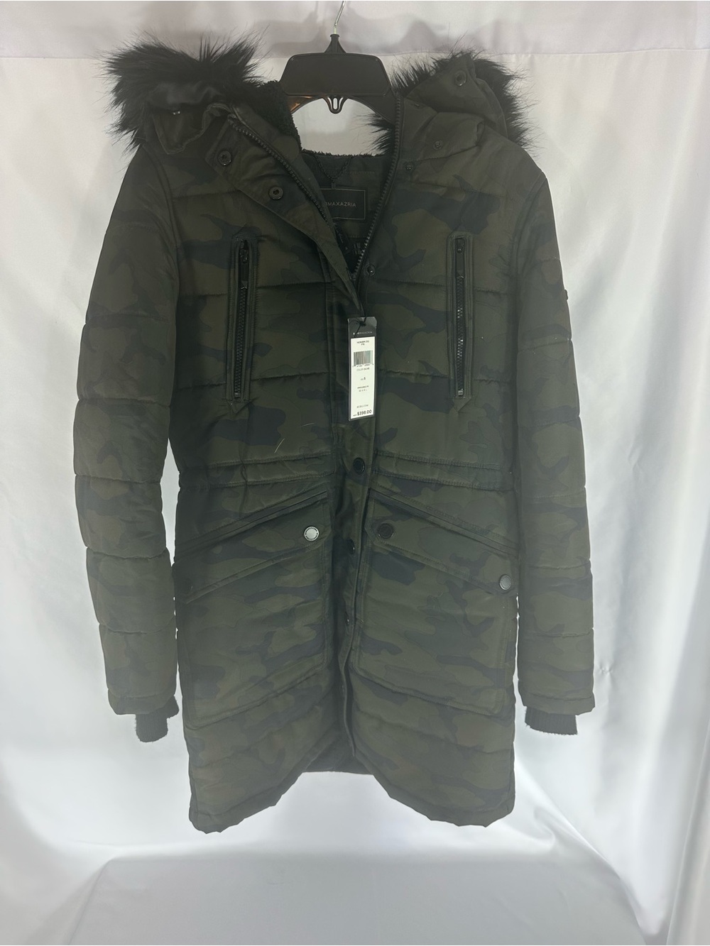 BCBGMAXAZRIA Women’s Camo Faux Fur Hooded Puffer Parka Jacket NWT Size Small
